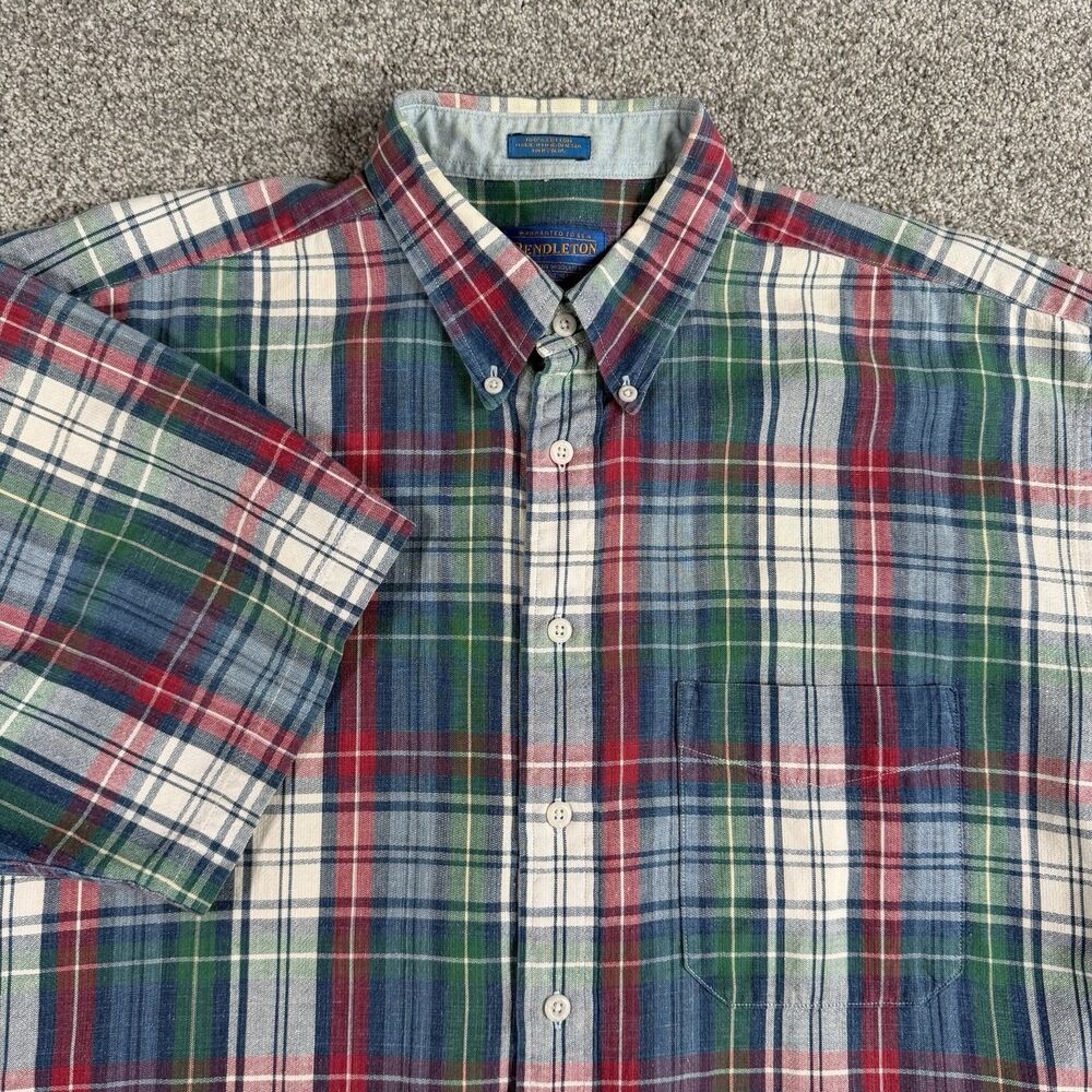 PENDLETON Men's Shirt Plaid Button Down Short Sleeve Cotton Size Large